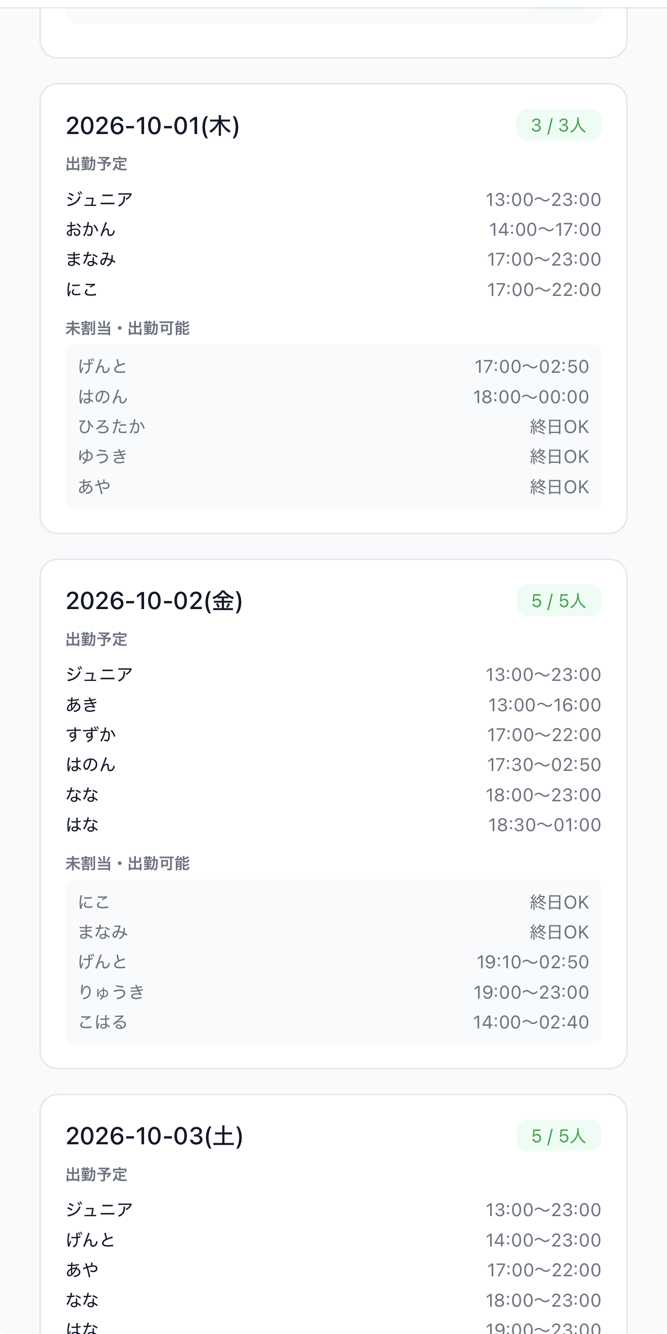 シフト管理アプリの画面
